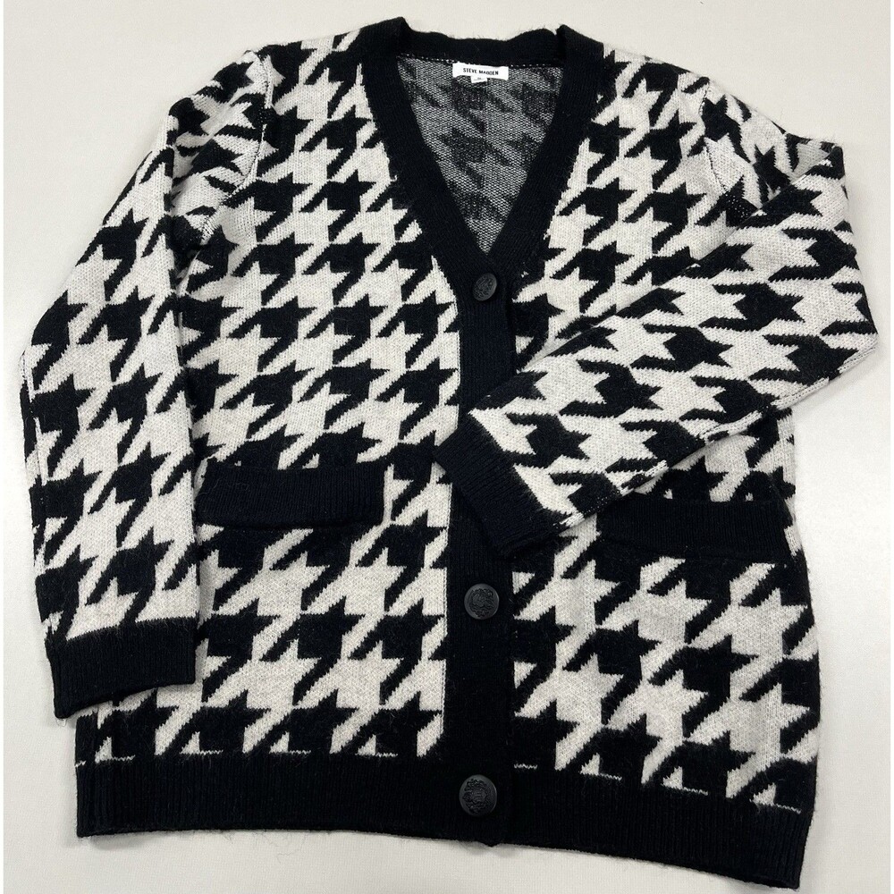 Steve Madden Womens Small Big Houndstooth Cardigan Sweater Button Front